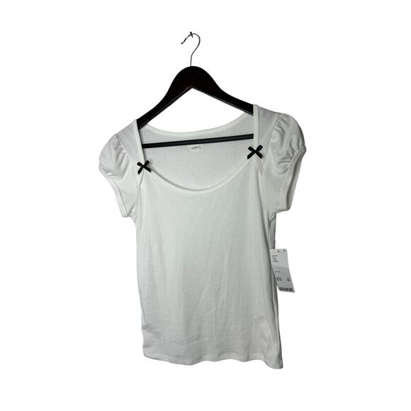 UO Kimchi Blue Ivory with black bows Puff Sleeve Baby Tee, Size large new - Picture 1 of 4